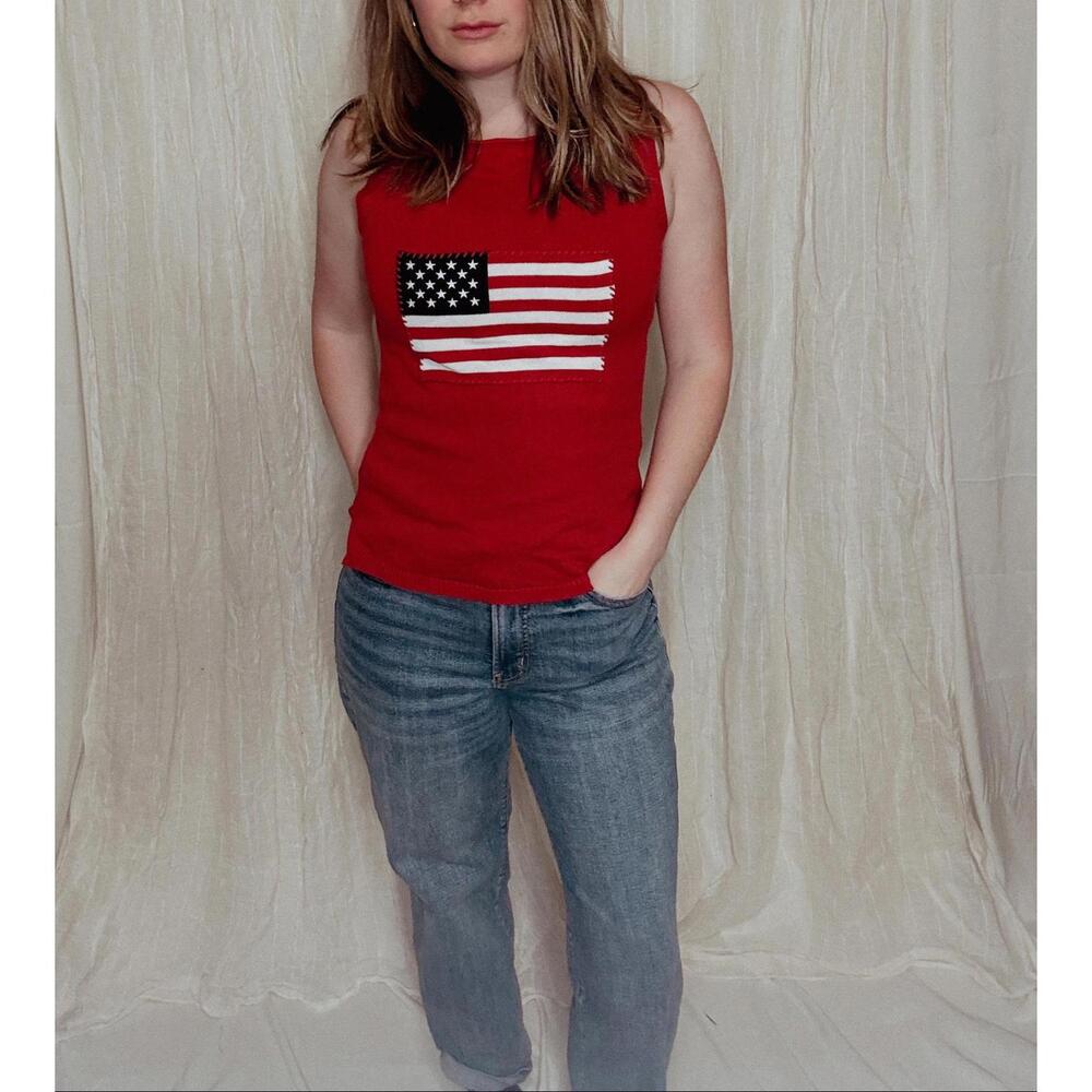 Vintage Red Knit Tank Top with USA Flag Design- Women’s S